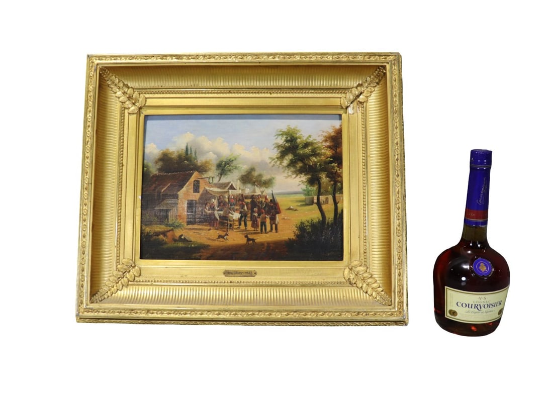DEMAY OIL PAINTING ON BOARD: Demay 1843 on plaque on front and signed lower middle of painting. On board. Framed measures 16 1/2" h x 19 1/2" w x 2 3/8" d. Painting measures 9 3/8" h x 12 3/4" w.
