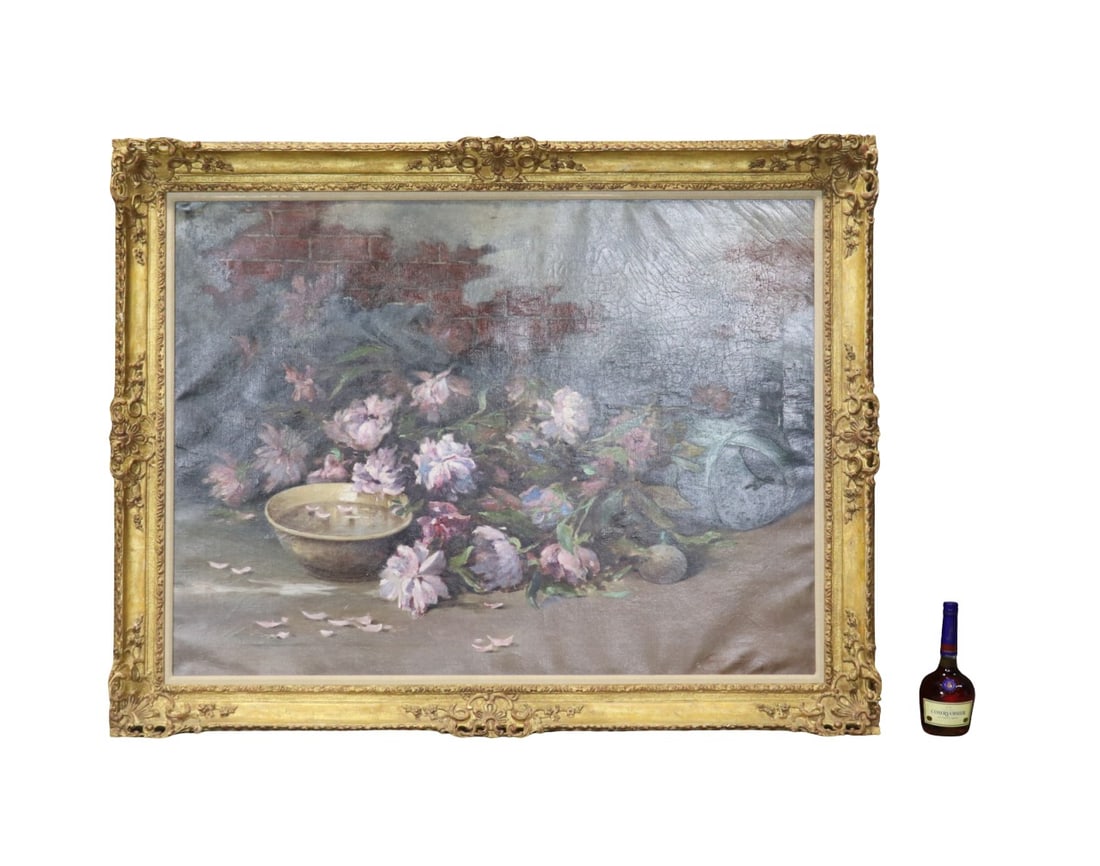 EMIL CARLSEN STILL LIFE OIL PAINTING: Emil Carlsen and illegible date bottom right. On canvas. Gilded frame. Framed measures 47" h x 59" w x 3 1/4" d. Painting measures 37" h x 51" w.