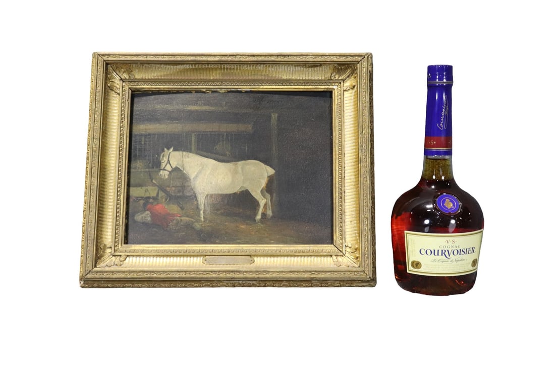 H. KINCH ANTIQUE OIL PAINTING OF WHITE HORSE IN STABLE: H. Kinch 1807 on back. Oil painting on board. Framed measures 11 5/8" h x 13 7/8" w x 1 5/8" d. Painting measures 8" h x 10" w.