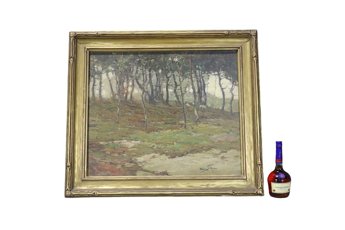 SIGNED CHAUNCEY F. RYDER TREESCAPE PAINTING ON CANVAS: Signed Chauncey F. Ryder lower right. Artist info on back of frame. Framed measures 33 3/8" h x 37 1/2" w x 2 1/8" d. Painting measures 27 3/4" h x 32 1/8 w.