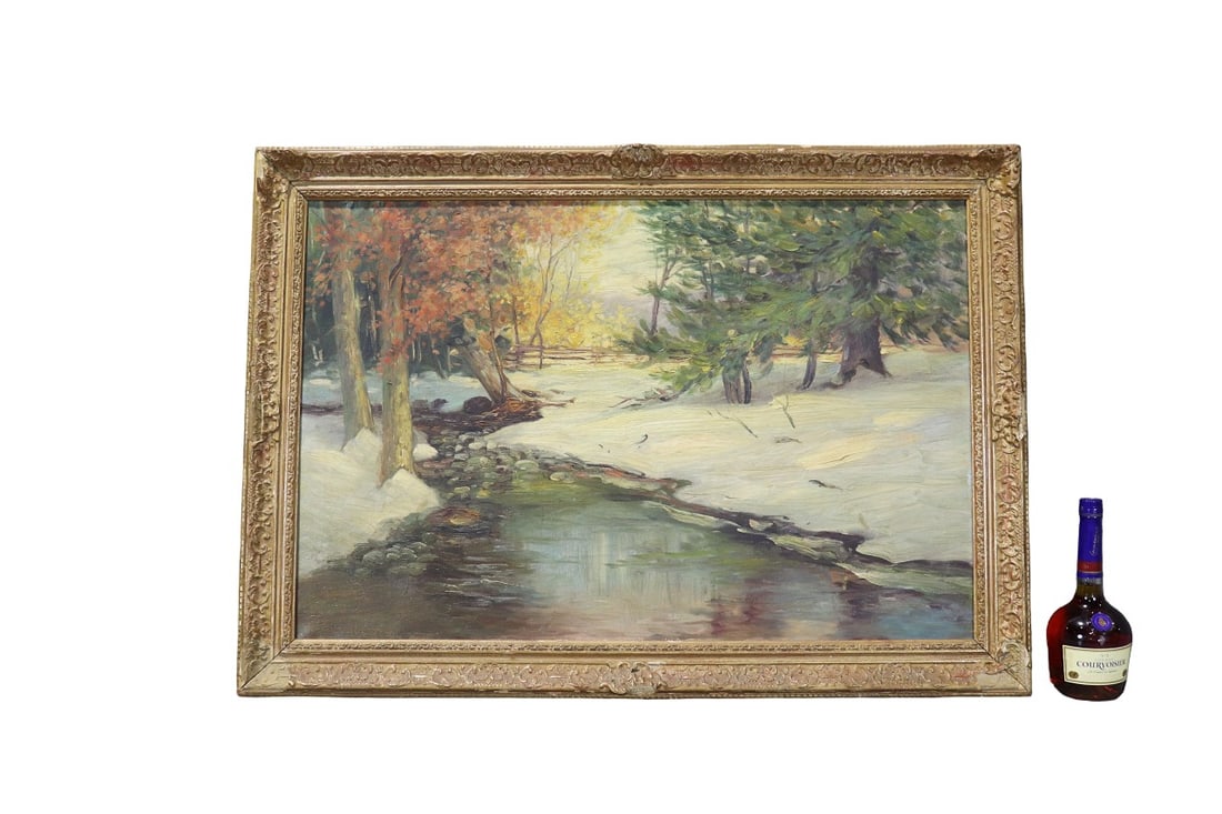 SIGNED W.L. METCALF WINTER LANDSCAPE OIL ON CANVAS: Signe W.L. Metcalf and dated lower left. Framed measures 29 5/8" h x 41 1/2 "w x 1 5/8"d. Painting measures 23 7/8" h x 36" w.