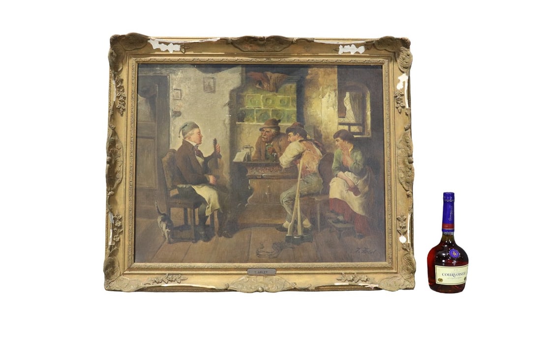 SIGNED T. ARLET PAINTING ON CANVAS: Signed lower right and also on a plaque lower middle. Framed measures 27 1/4" h x 32 1/2" w x 2 1/2" d. Painting measures 21 1/8" h x 26 7'8" d.