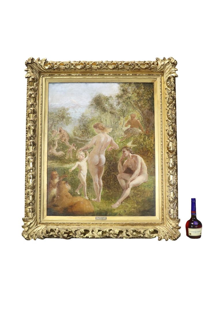 SIGNED E. VEDDER ARCADIA PAINTING ON CANVAS: Signed lower right and also on a plaque lower middle. Framed measures 47 3/4" h x 40 1/4" w x 4 1/2" d. Painting measures 35 1/2" h x 28 1/2" w.