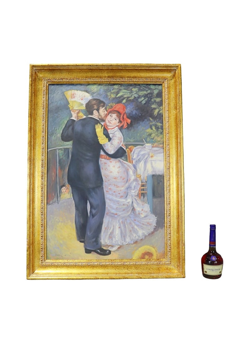 AFTER RENOIR PAINTING ON CANVAS OF A COUPLE: Signed and dated 83 bottom left. Framed measures 42" h x 30 1/2" w x 2 3/4" d. Painting measures 35" h x 23 1/2" w.