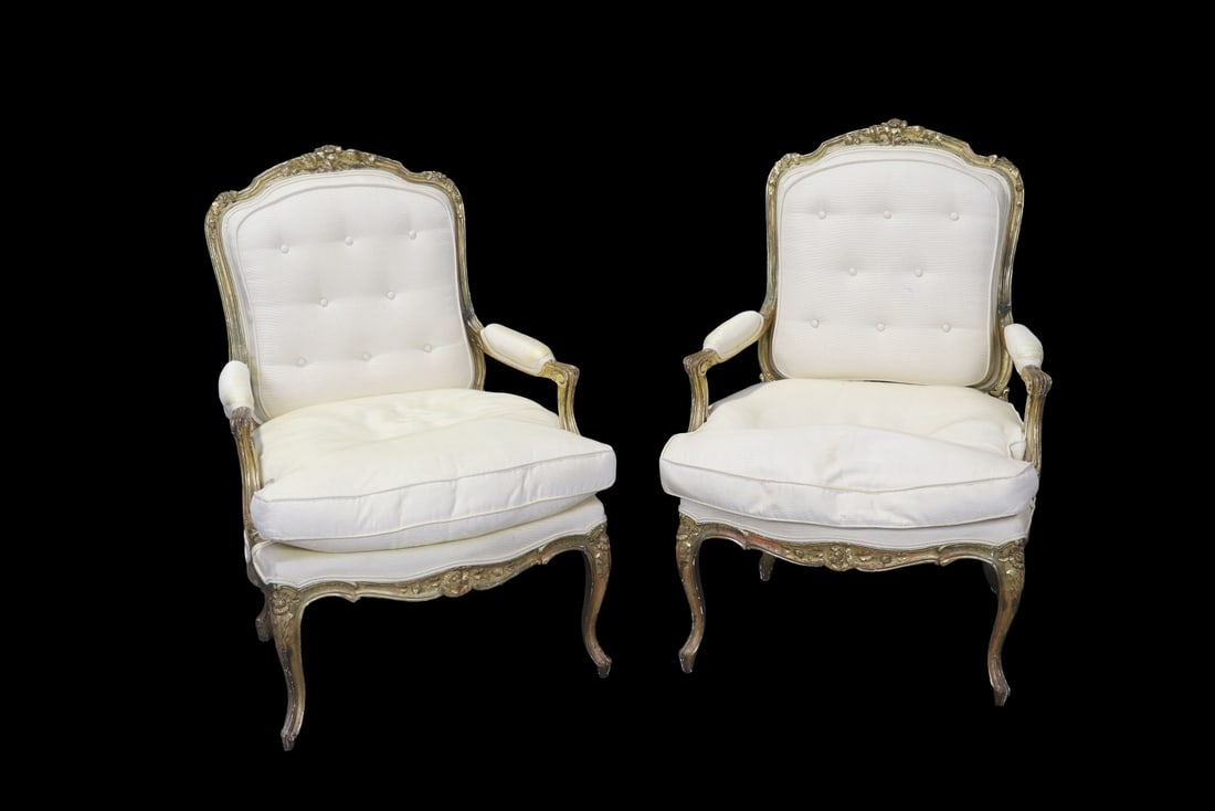 PAIR 19TH C FRENCH LOUIS XV STYLE CARVED GILTWOOD ARM CHAIRS (1 of 9)