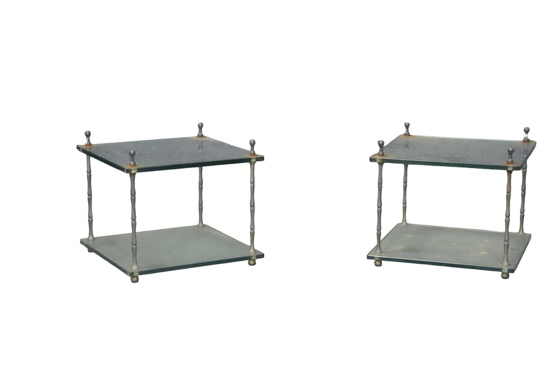 PAIR HOLLYWOOD REGENCY STYLE 2 TIER GLASS TOP END TABLE MANNER BAGUES (1 of 8)
