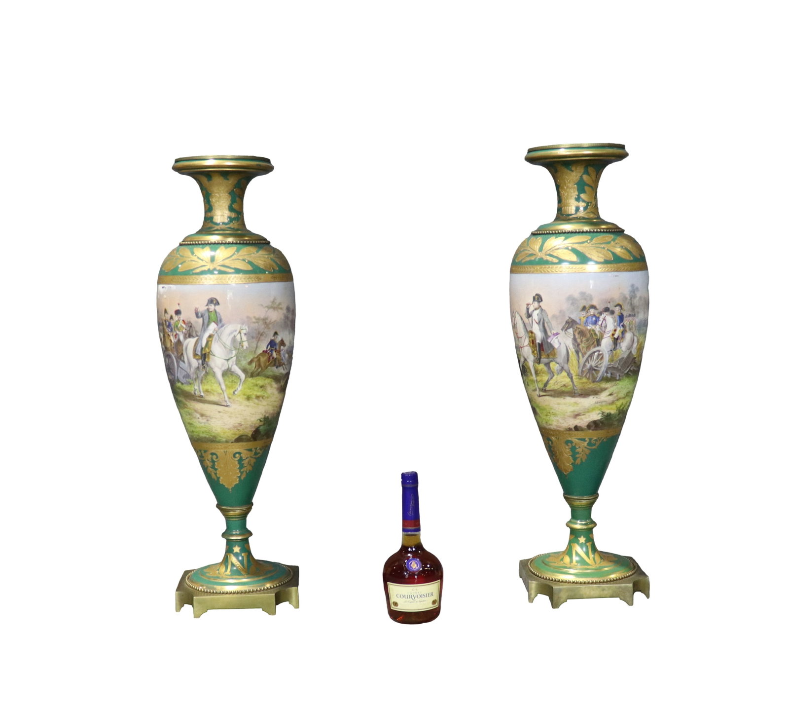 PAIR SIGNED SEVRES NAPOLEONIC PORCELAIN VASES: Signed H. Desprez. Bronze mounted. 33 1/4" h x 9" diameter.