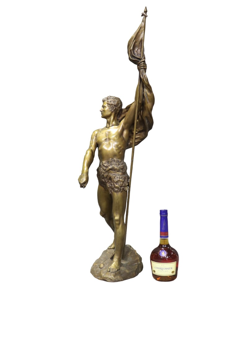 SIGNED BRONZE FIGURAL MAN WITH FLAG: Signed Hamar. Stamped Binedo Paris. Bronze. 39 1/4" h x 12 1/2" w x 10" d.