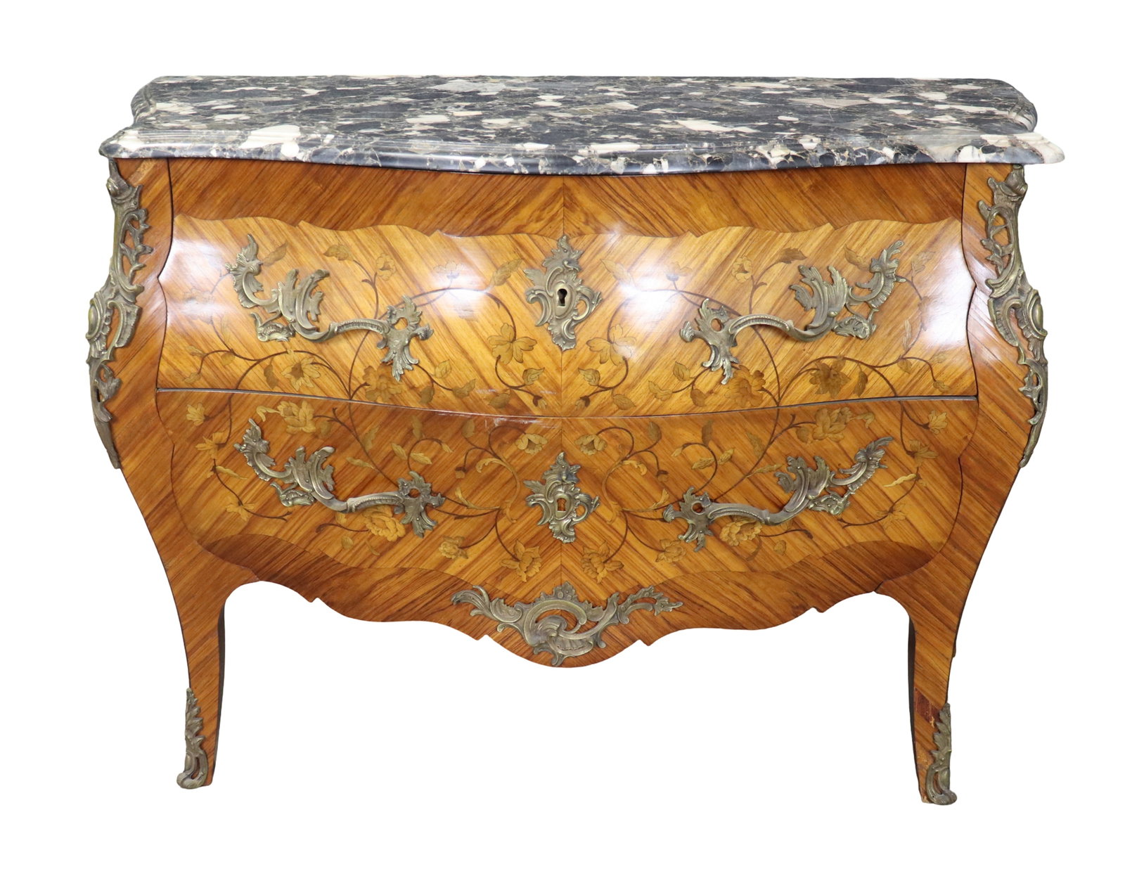 LOUIS XV STYLE PARQUETRY MARBLE TOP BOMBAY COMMODE: Bronze mounted. Marble top. 2 dovetailed drawers. Inlaid. 33 1/4" h x 46 1/4" w x 20 1/4" d.