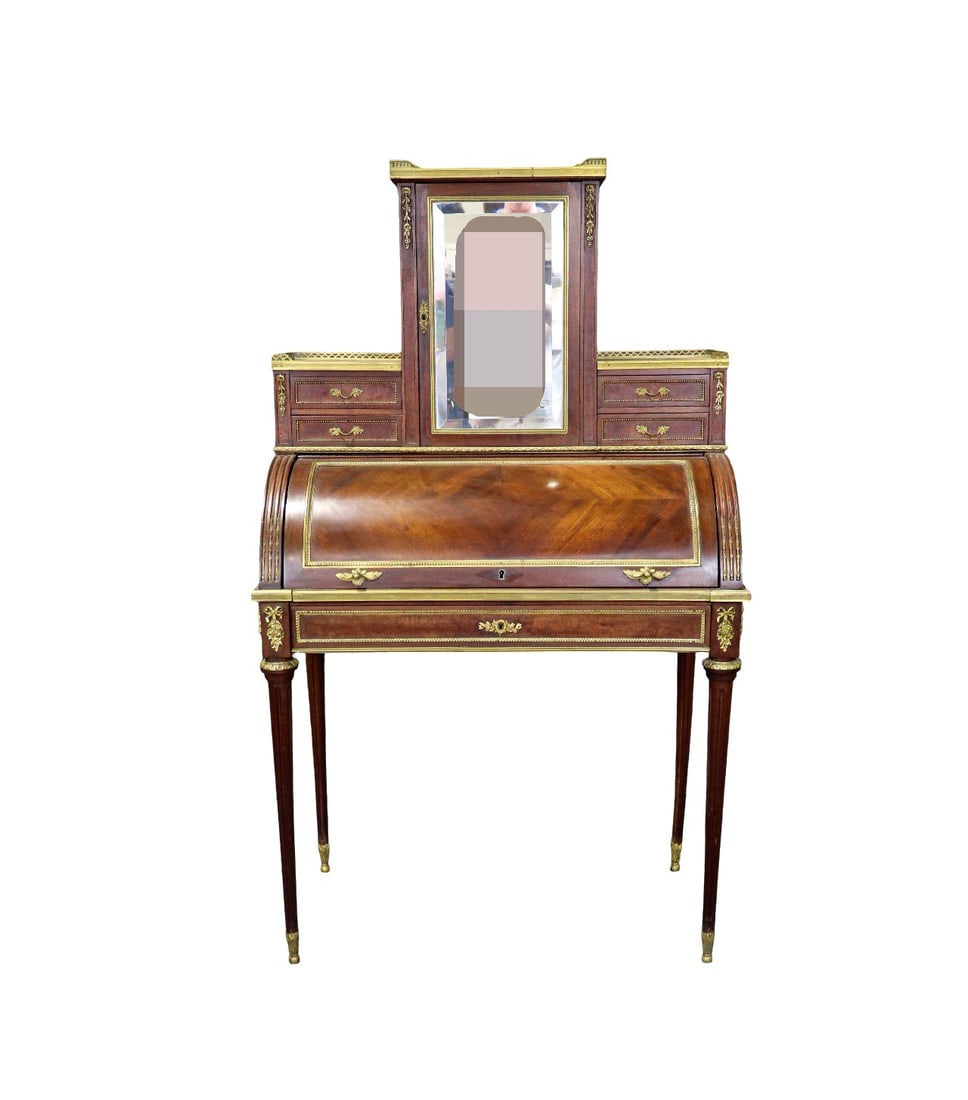 LOUIS XVI STYLE ROLL TOP DESK WITH CABINET: 2 pieces. Inlaid. 5 dovetailed drawers. Roll top with leather writing area and fitted interior. 58 1/4" h x 34 1/2" w x 20 1/4" d.