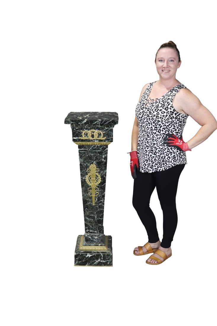 BRONZE MOUNTED MARBLE PEDESTAL: Bronze mounted. Marble. 44" h x 14" square.