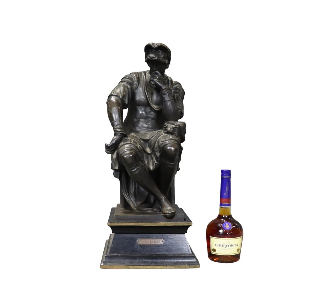 LORENZO DE MEDICI BRONZE STATUE DEPICTING THE THINKER: Bronze. Lorenzo De Medici on plaque on front. 25 7/8" h x 10 1/2" w x 11" d.
