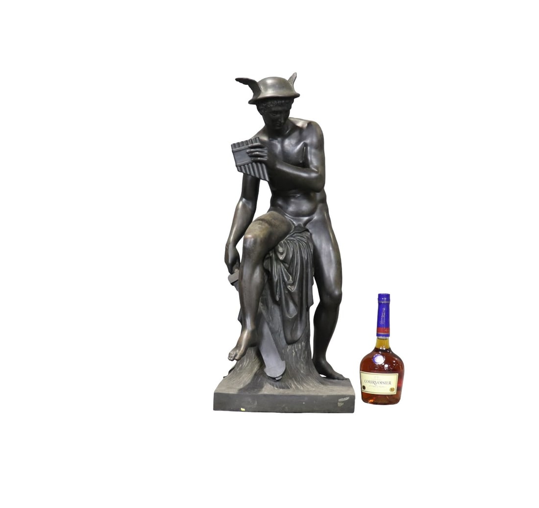 BRONZE FIGURE MAN PLAYING FLUTE: Bronze. 32" h x 12 1/2" w x 14" d.