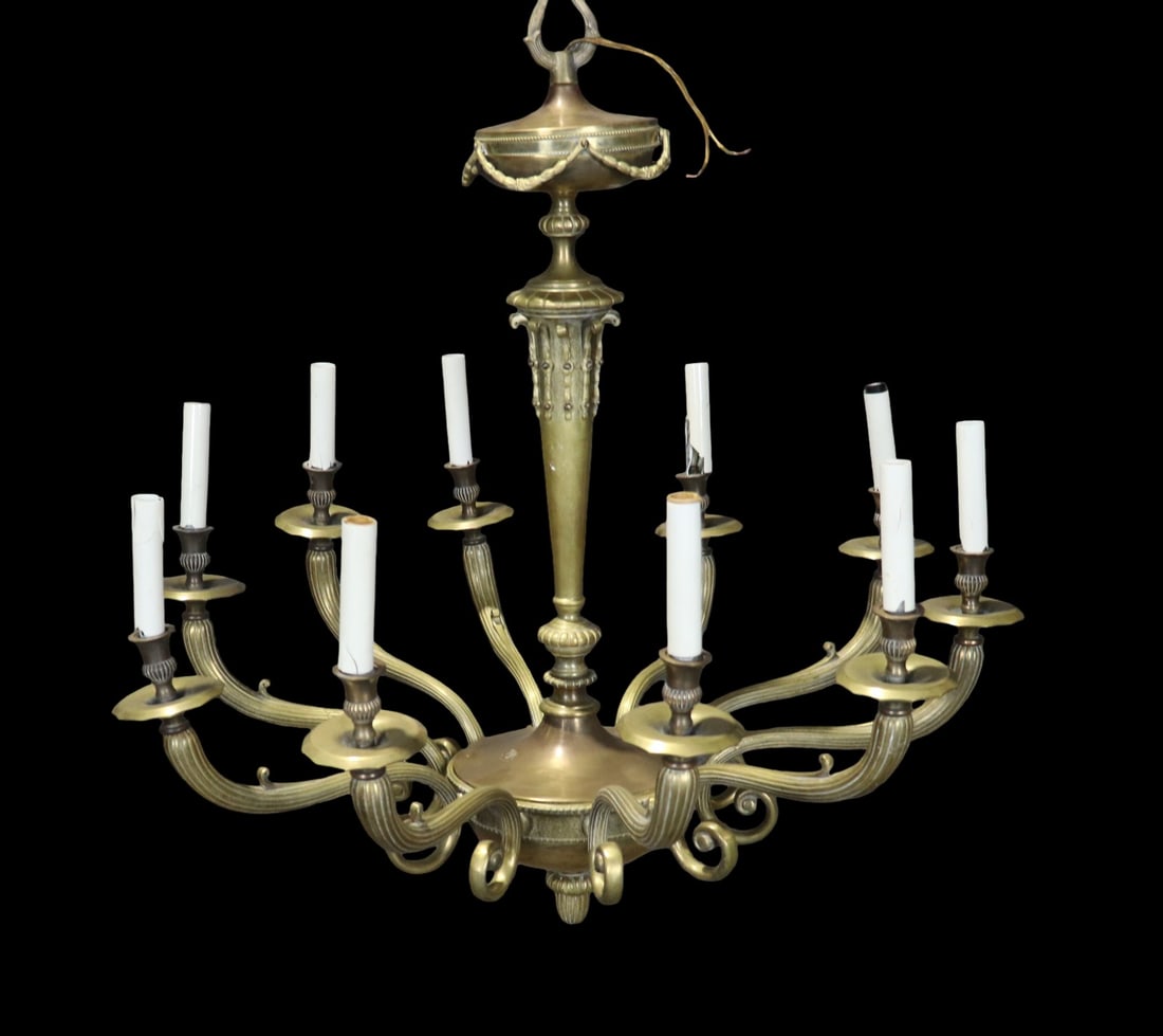 LOUIS XVI STYLE 10 ARM CHANDELIER: Mixed metals. 10 arms. 30" h x 27 3/4" diameter.