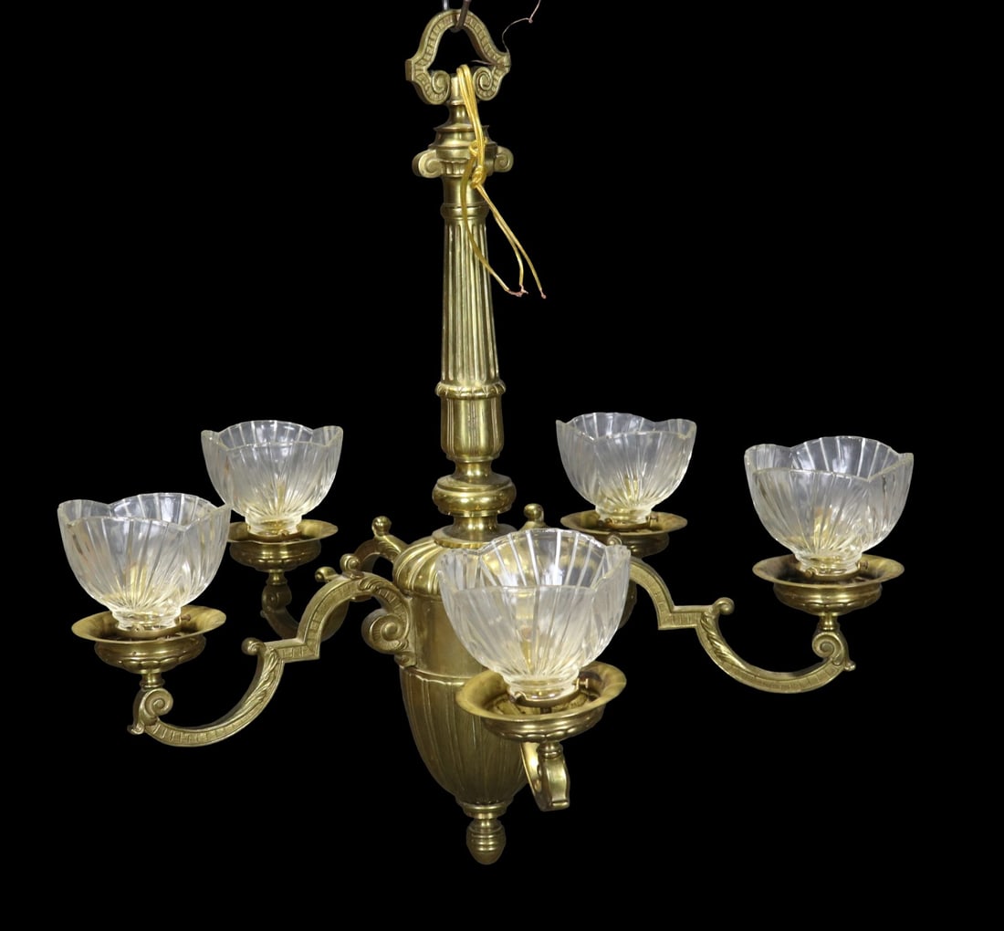 LOUIS XVI STYLE BRASS 5 ARM CHANDELIER: Brass. 5 arms. Glass shades. 34 1/2" h x 31" diameter.