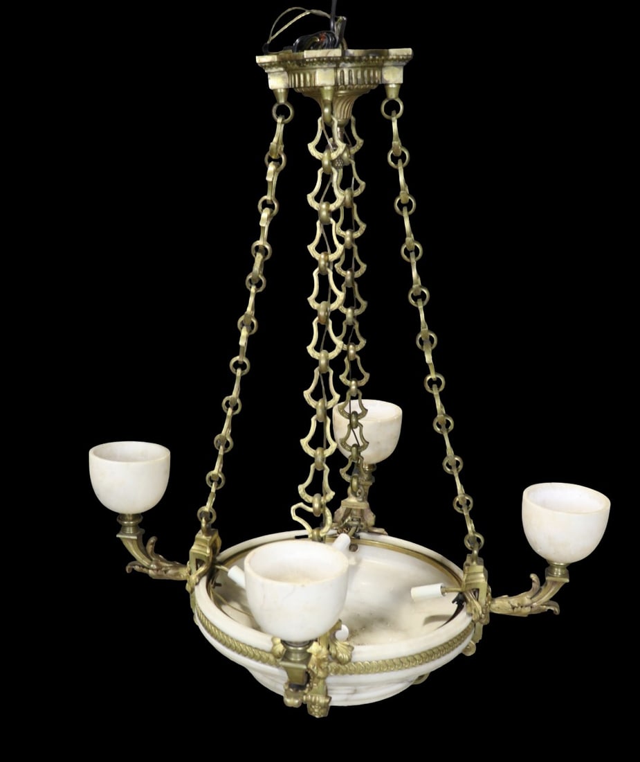 4 ARM BRASS & ALABASTER CHANDELIER: 4 arms. Brass. Alabaster. 39" h x 32" diameter.
