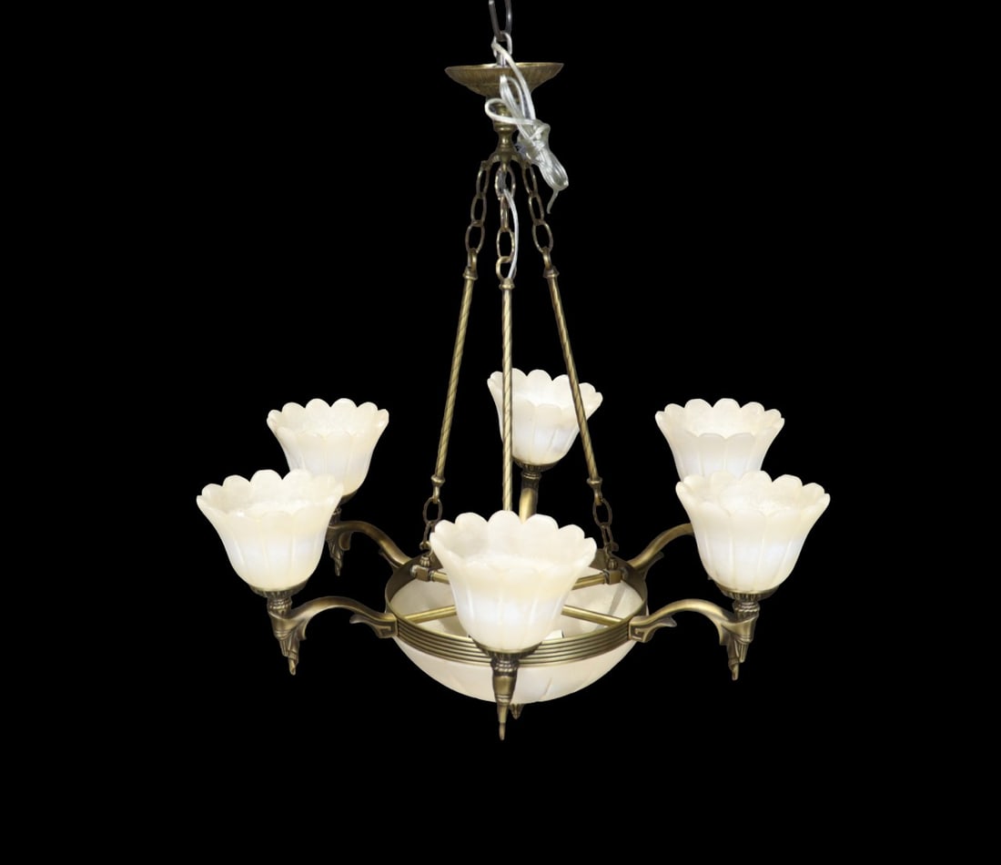 6 ARM BRASS & ALABASTER CHANDELIER (1 of 7)