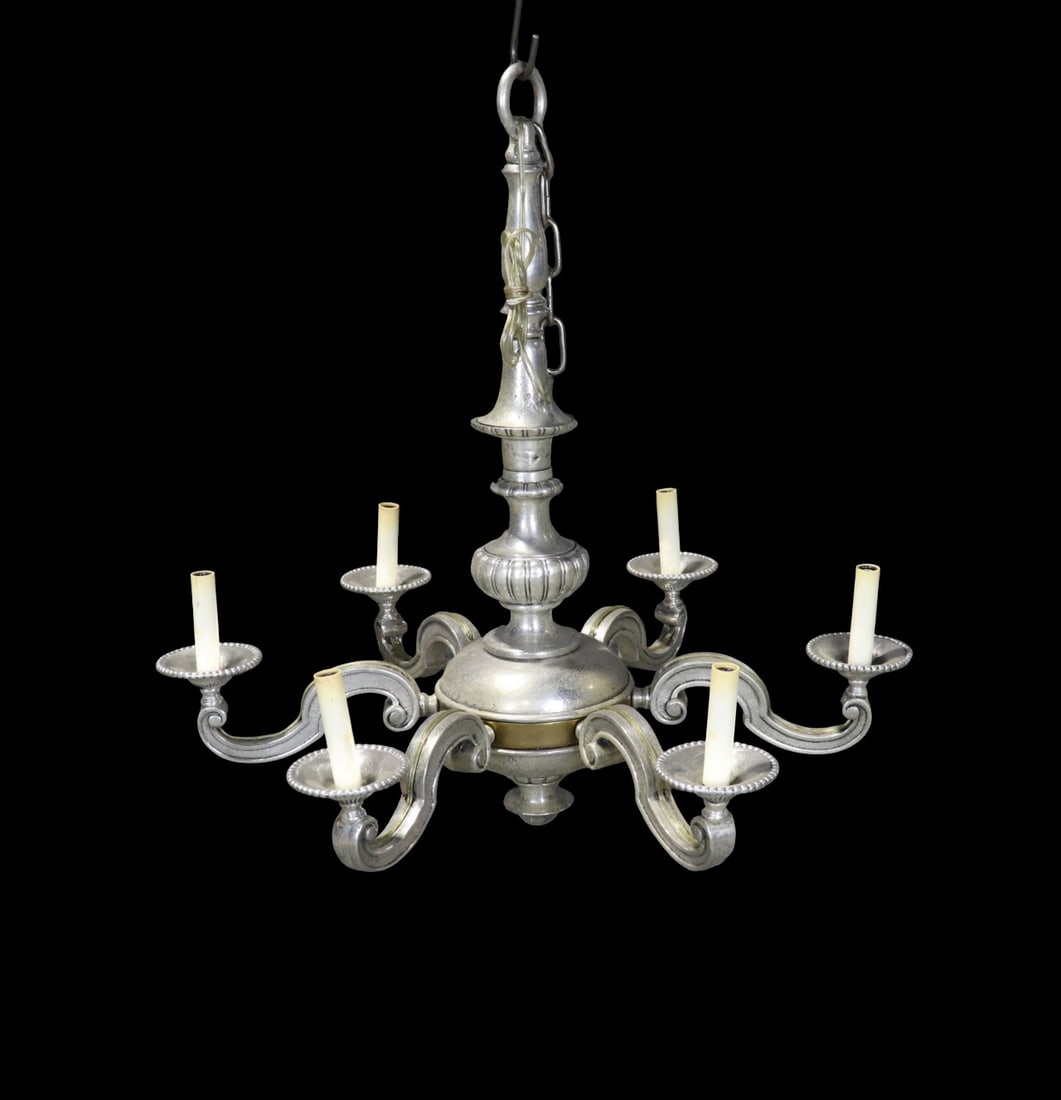 6 ARM SILVERPLATE CALDWELL STYLE CHANDELIER: 6 arms. Silverplate 28 1/2" h x 28 1/2" diameter.
