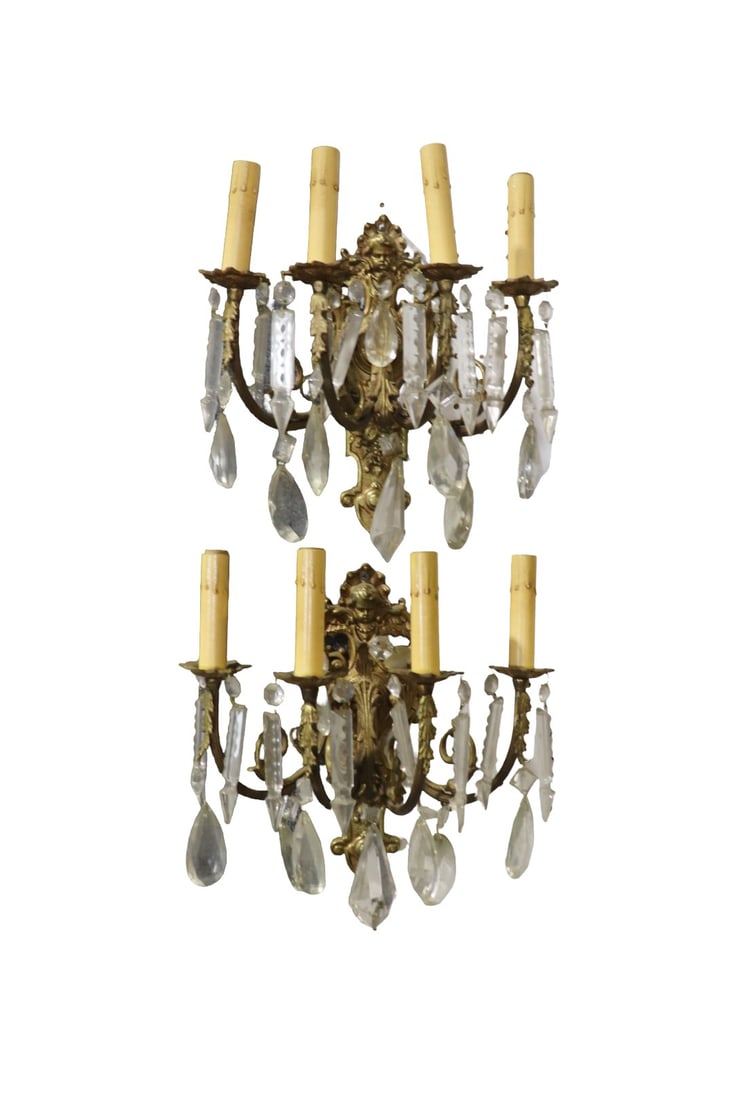 PAIR BRASS & CRYSTAL 4 ARM SCONCES (1 of 7)