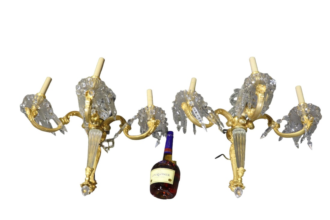 PAIR 3 ARM DORE BRONZE & CRYSTAL SCONCES (1 of 10)