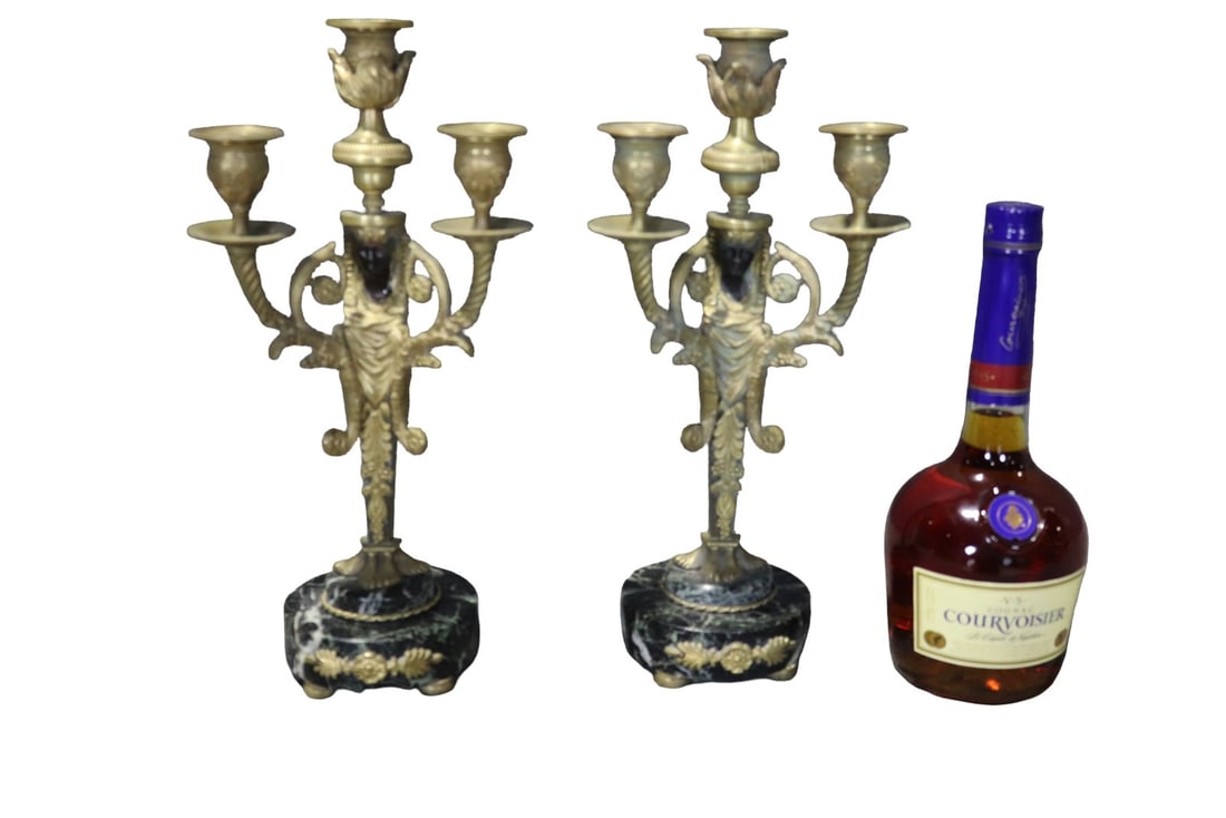 PAIR BRASS FIGURAL 3 LIGHT CANDELABRAS (1 of 9)