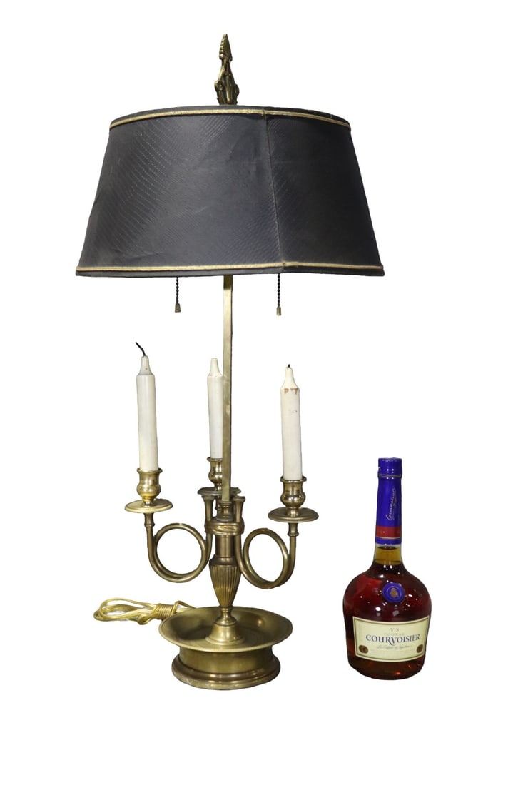 LOUIS XVI BRASS STUDENT LAMP: Brass. With shade. 2 light sockets. 3 faux candles. 30 1/4" h x 14 1/2" diameter (shade) x 6 1/2" diameter (shade).