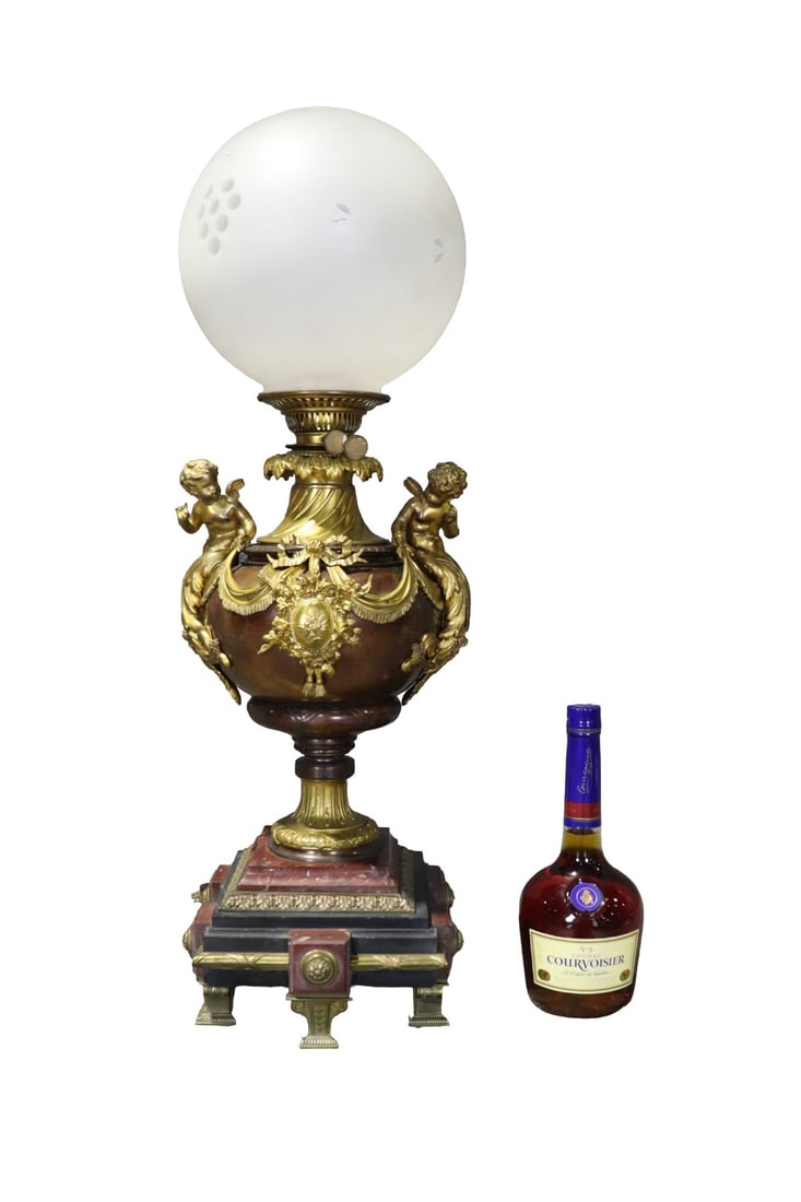 BRONZE & MARBLE FIGURAL LAMP: Marble. Bronze. With frosted glass shade. 30 1/2" h x 10" w x 8 1/2" d.