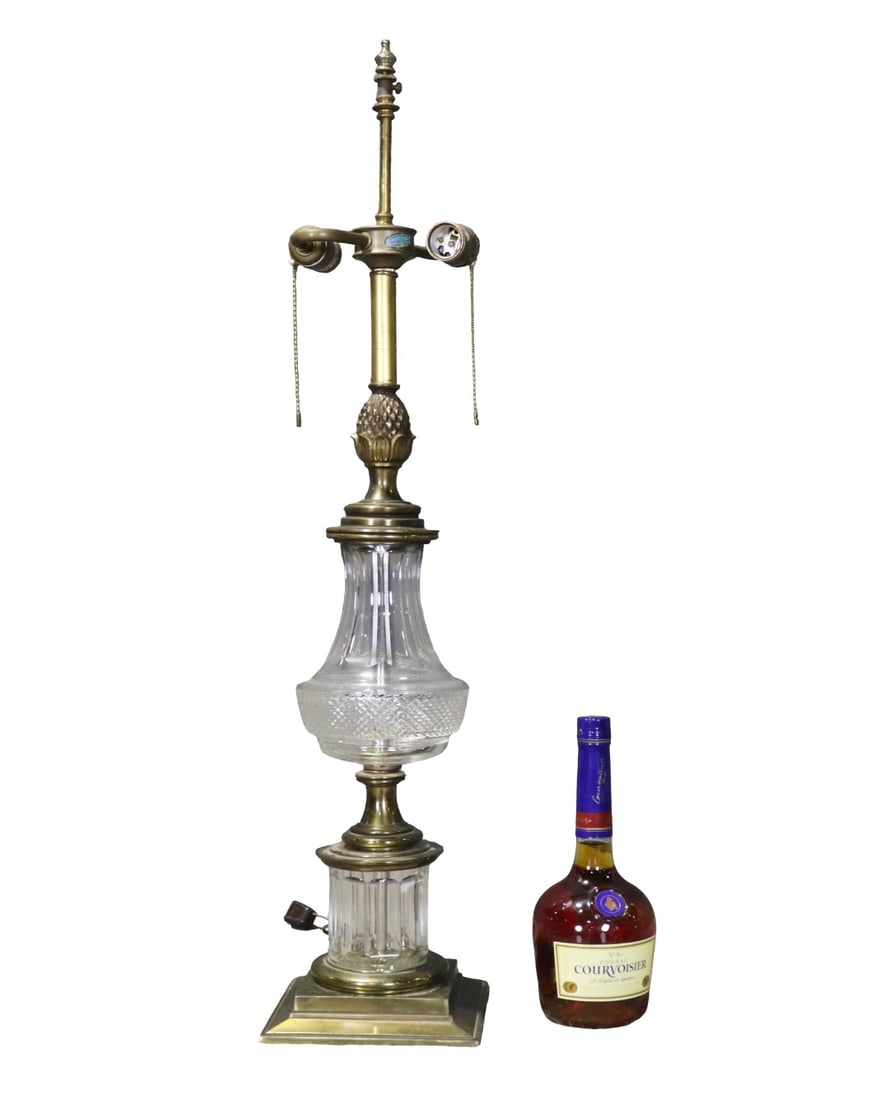 FRENCH CRYSTAL & BRASS LAMP: Brass. Crystal. 2 light. 33" h x 7 1/3" square.