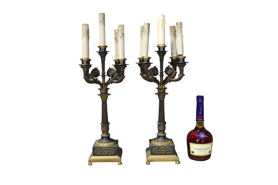 PAIR EMPIRE STYLE 5 ARM CANDELABRAS: Brass or bronze. 5 arm. 23 1/2" h x 7 1/2" w x 6 1/2" d.