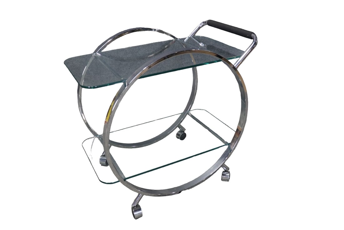 ITALIAN MODERN 2 TIER CART: Chrome. Glass. 2 tier. 30 3/4" h x 33 1/2" w x 20 1/2" d.