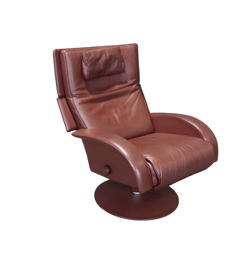 MID CENTURY MODERN LAFER NICOLE RECLINER: Leather. Lafer label. 38" h x 30 1/2" w x 34" d. Seat height 20".