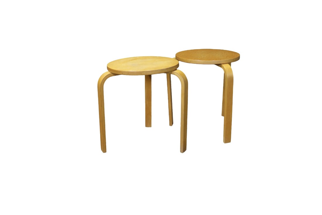PAIR ALVAR AALTO ATTRIBUTED STOOLS: Wood. Bent legs. 19" h x 16" diameter.