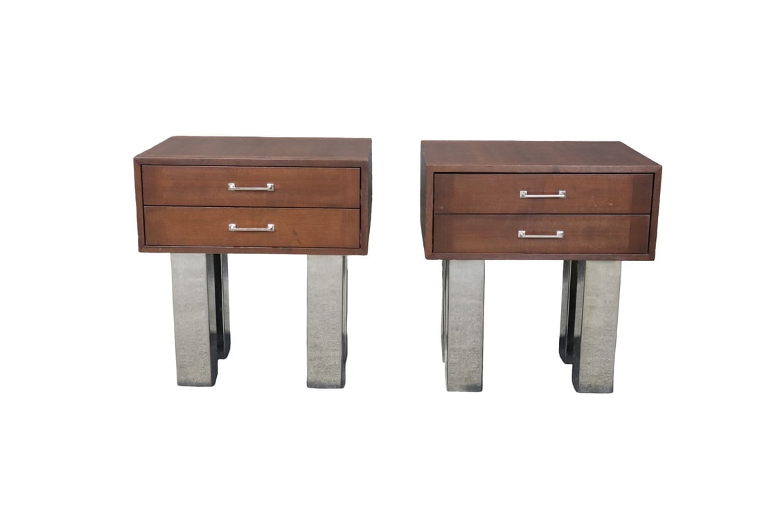 PAIR MID CENTURY MODERN WALNUT FINISH & CHROME NIGHT STANDS (1 of 11)