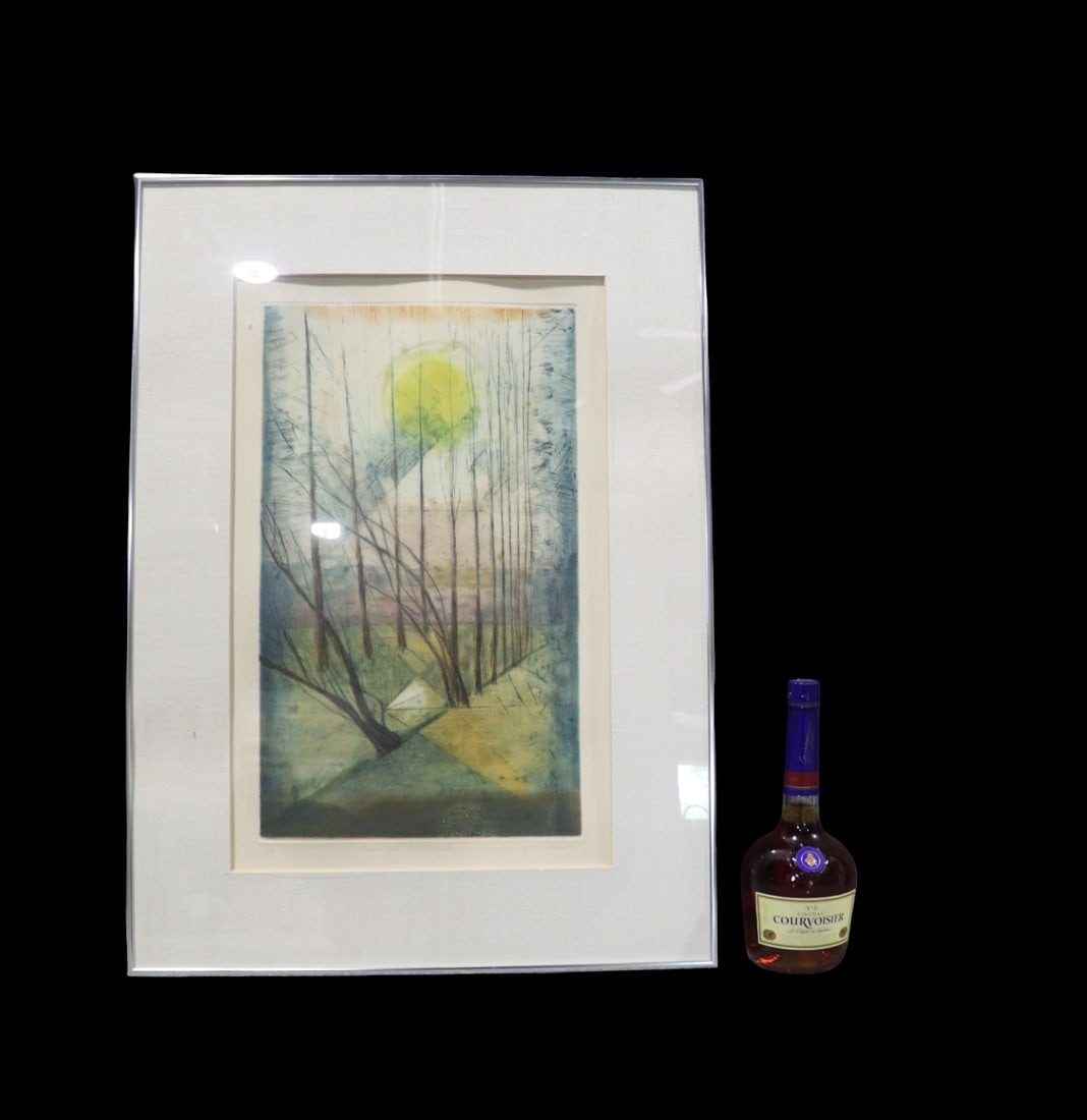 RENE CARCAN PENCIL SIGNED & NUMBERED PRINT: Rene Carcan signed lower right. Numbered 25/99 lower left. "Lumiere Hivernale" center. Framed measures 29 1/2" h x 21 1/4" w x 3/4" d. Picture measures 21 1/4" h x 13 3/8" w.