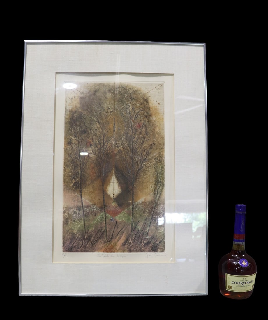 RENE CARCAN PENCIL SIGNED & NUMBERED PRINT: Rene Carcan signed lower right. Numbered 25/99. "La Foret De Soignes" center. Framed measures 29 1/2" h x 21 1/4" w x 3 1/4" d. Picture measures 21 1/4" h x 13 3/8" w.
