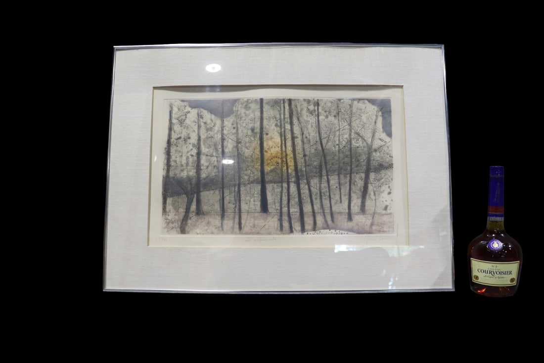 RENE CARCAN PENCIL SIGNED & NUMBERED PRINT: Rene Carcan signed lower right. Numbered 25/99 lower left. "Le Crepuscule" center. Framed measures 21 1/4" h x 29 1/2" w x 3/4" d. Picture measures 13 3/8" h x 21 1/4" d.