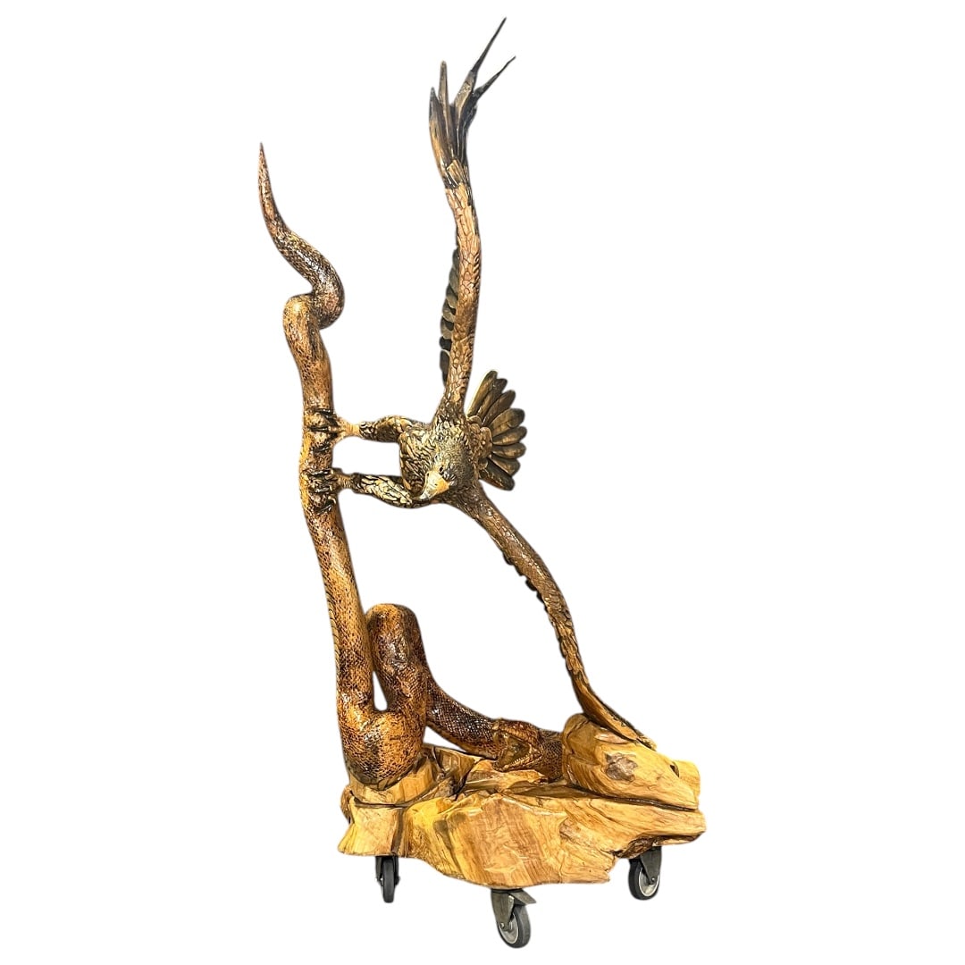 SIGNED SOSART HAND CARVED WOOD SCULPTURE EAGLE BATTLING A SNAKE (1 of 12)