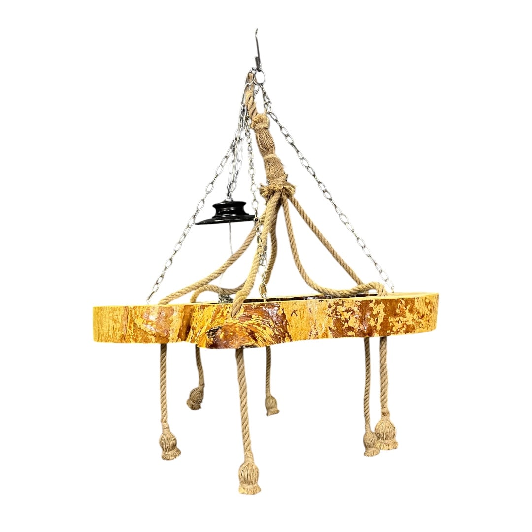 RUSTIC LIVE EDGE WOOD CHANDELIER: Live edge. Wood. Rope accents. 46 1/2" h x 39 1/2" w x 42" d.