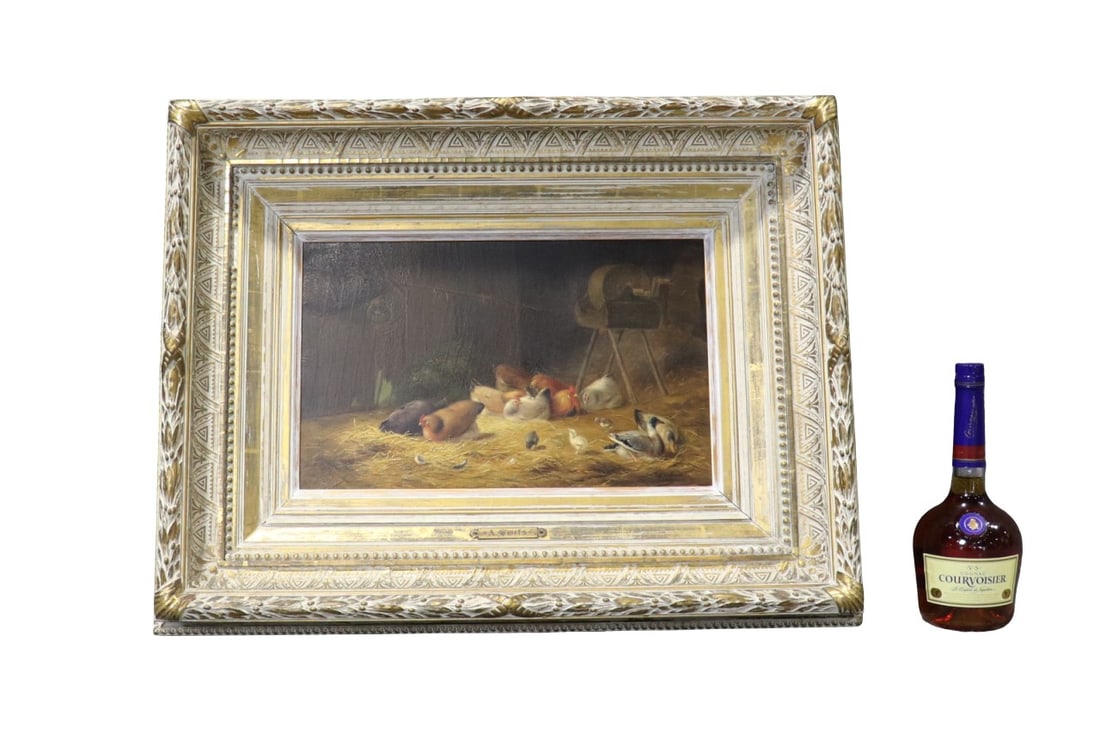 ALBERT SMETS "CHICKENS IN A BARNYARD" OIL ON PANEL: Signed A. Smets lower right and plaque in center. Signed A. Smets 1885 on verso. On board. Oil painting. Framed measures 21 5/8" h x 28" w x 4 3/8" d. Painting measures 10 7/8" h x 17 1/4" w.
