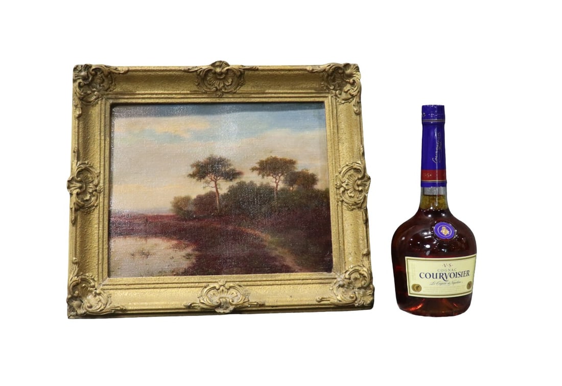 LANDSCAPE OIL PAINTING ON CANVAS: Oil painting. On canvas. Framed measures 13 1/8" h x 15 3/8" w x 2 1/2" d. Painting measures 9 3/4" h x 12" w.
