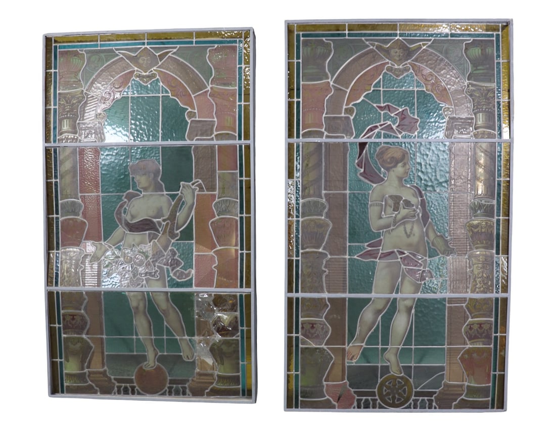 2 LARGE STAINED GLASS PANELS: Metal. Stained glass. 78 1/4" h x 44 1/4" w x 8 1/2" d.