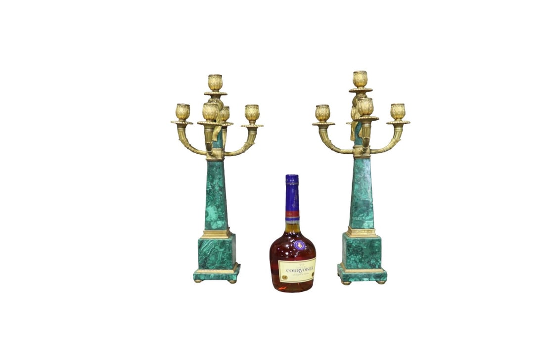 PAIR BRONZE MOUNTED & MALACHITE 5 ARM CANDELABRAS: Bronze mounted. Malachite. 5 arms. 29 1/2" h x 9 1/8" diameter.