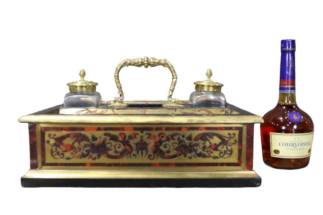 BRASS INLAY BOULLE INKWELL: Brass. Inlay. Boulle. Glass. 10" h x 16" w x 15" d.