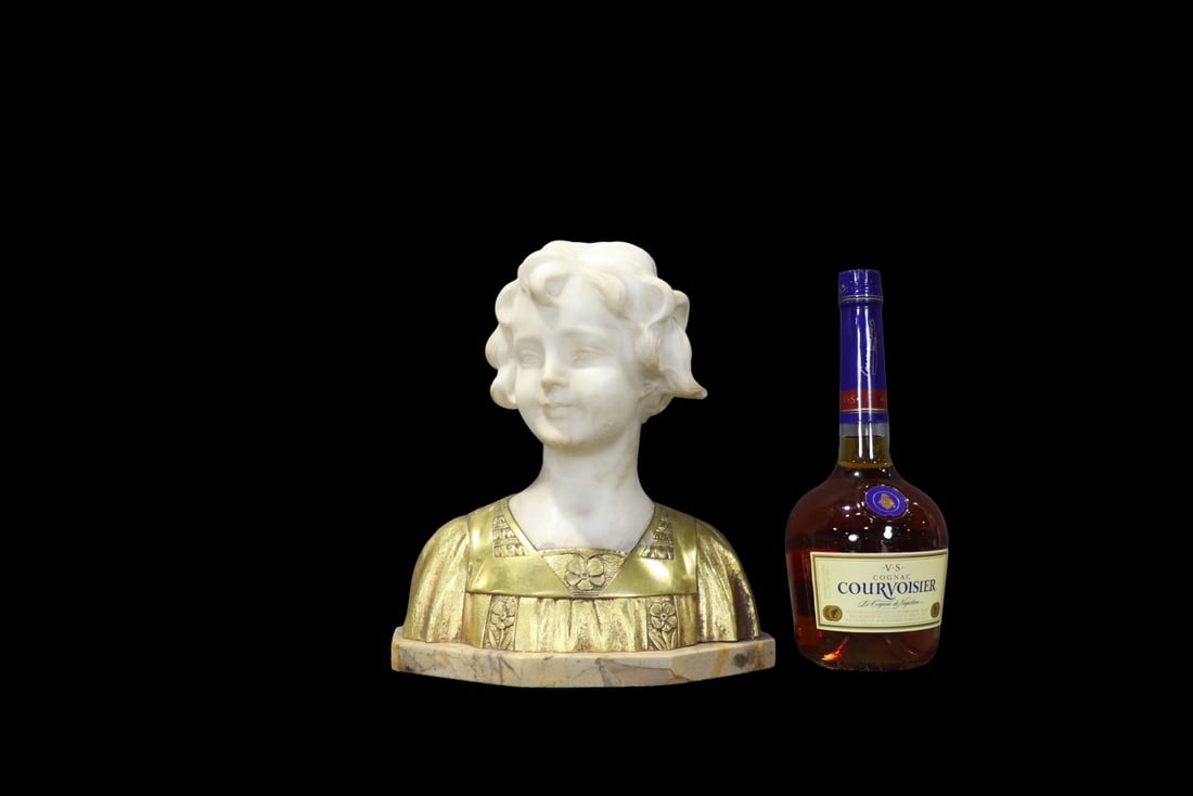 BRASS & MARBLE BUST OF CHILD: Signed on back. 11" h x 10" w x 5" d.