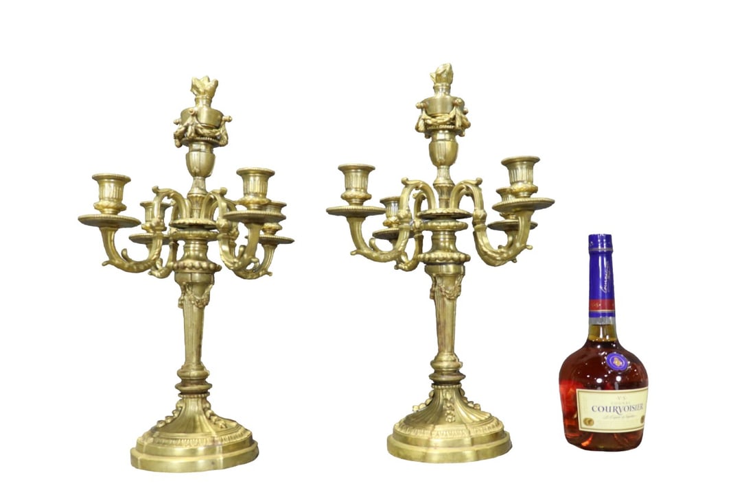 PAIR BRASS 5 LIGHT CANDELABRAS (1 of 10)