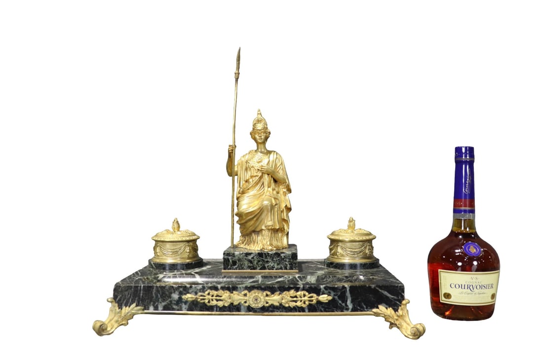 BRASS & MARBLE FIGURAL INKWELL: Brass and marble. Figural. 17 1/2" h x 18" w x 11" d.