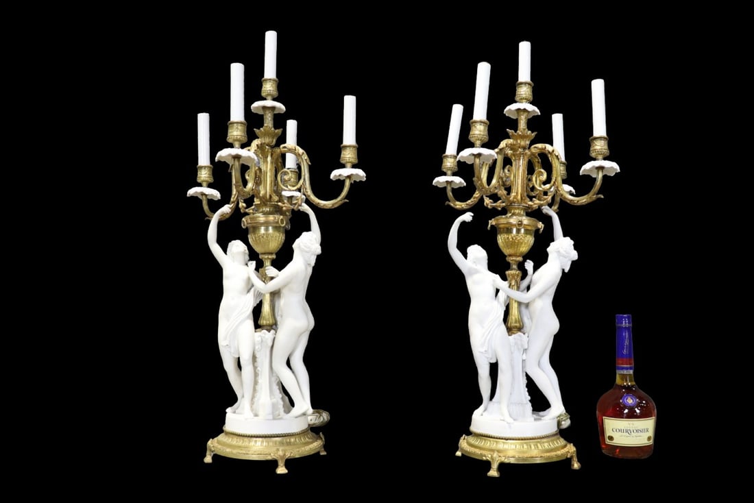 PAIR BRONZE & BISQUE CANDLEABRAS: Signed. 5 lights. Brass. 31 3/4" h x 15" diameter.