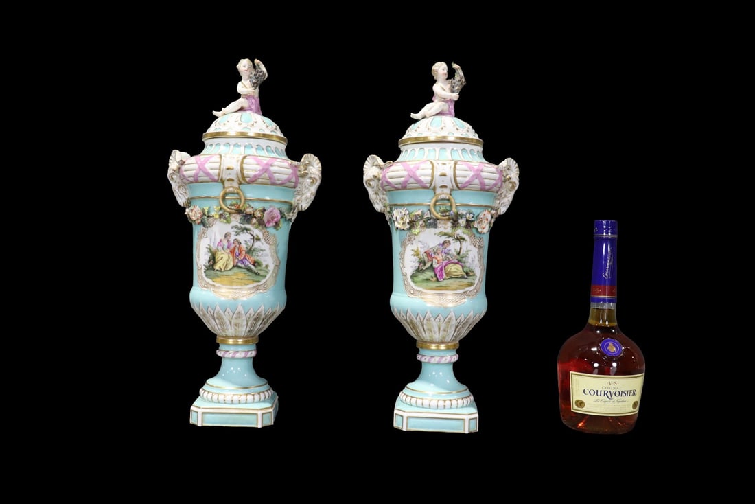 PAIR KPM PORCELAIN VASES WITH COVER: Porcelain. Paint decorated. 18" h x 7 1/2" w x 6" d.