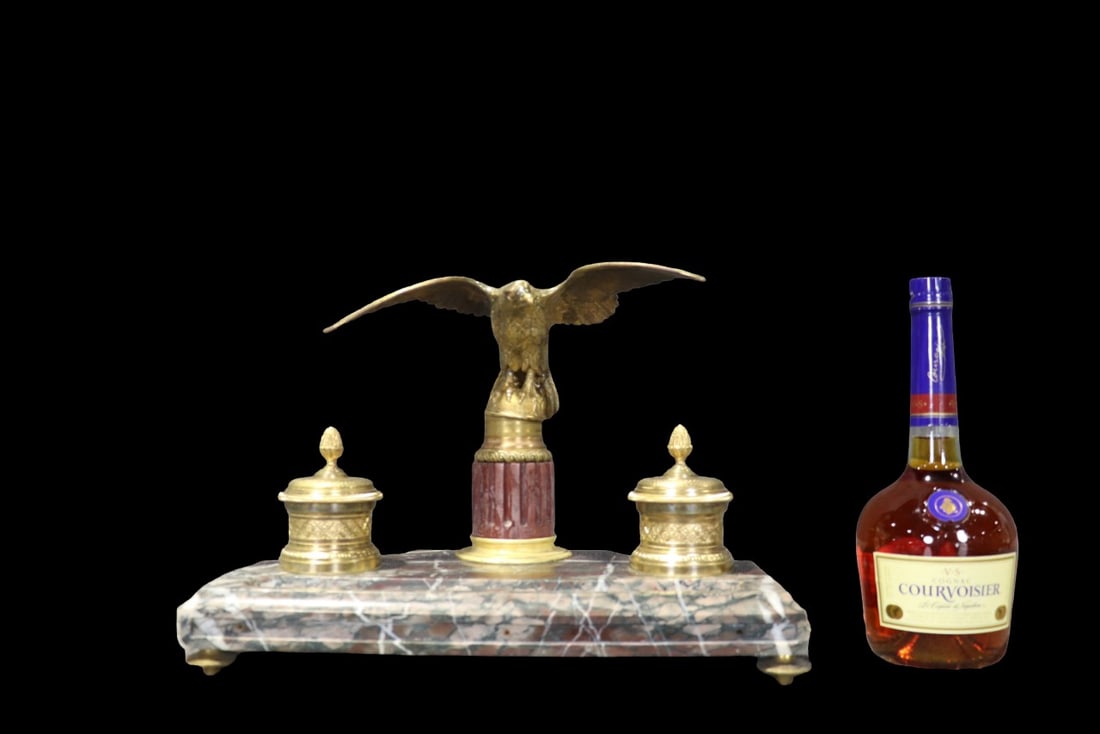 MARBLE INKWELL WITH EAGLE: Marble. 10 3/4" h x 15 3/4" w x 8 3/4" d.