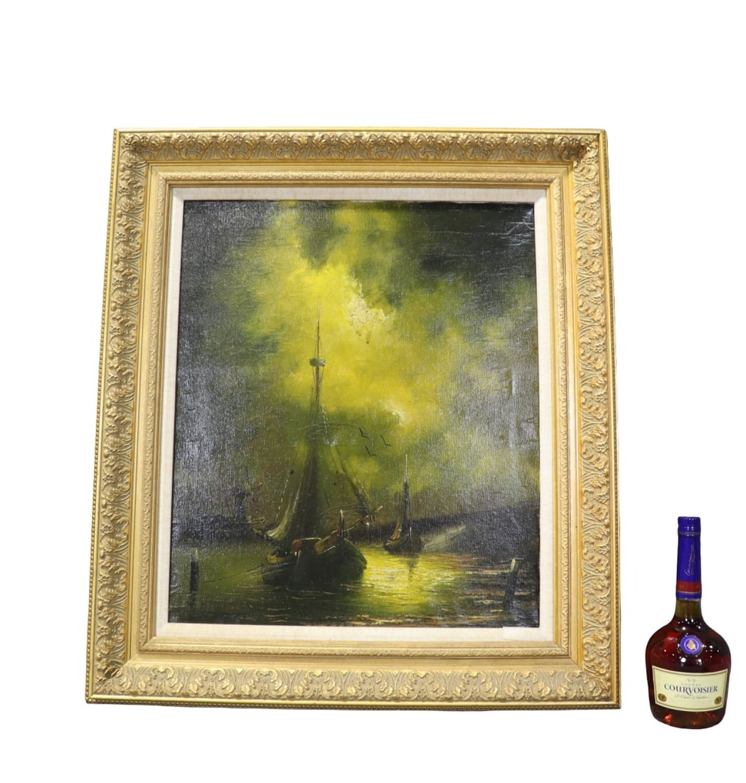OIL ON CANVAS PAINTING OF BOATS: Signed lower left. Framed measures 31 3/4" h x 28 1/4" w x 1 3/4" d. Unframed measures 23 1/4" h x 20 1/4" w.